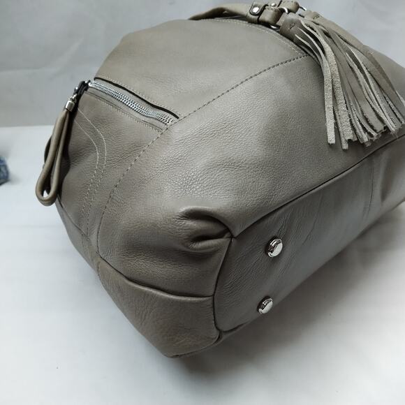 B. Makowsky Gray Leather Drawstring Zipper Pockets Shoulder Bag - Picture 16 of 16